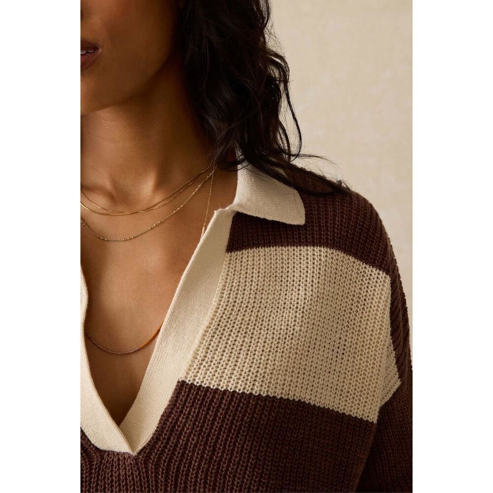 Faherty Miramar Linen Polo Sweater in Cocoa Rugby Stripe Cream, Brown Size L - Picture 4 of 12